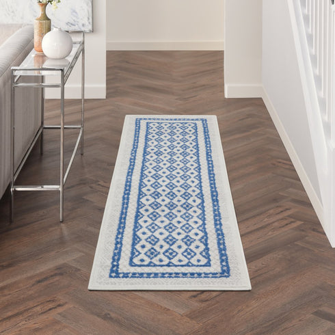 8' X 12' Ivory and Blue Geometric Distressed Non Skid Area Rug