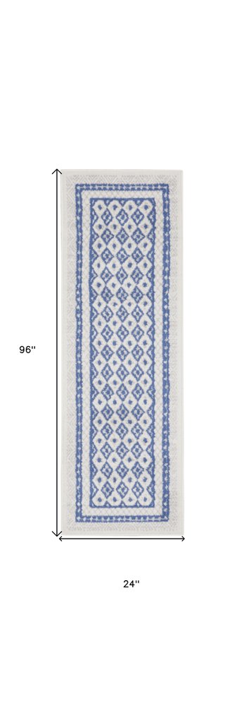 8' X 12' Ivory and Blue Geometric Distressed Non Skid Area Rug