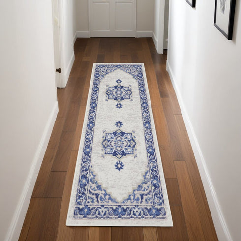 8' Ivory and Blue Floral Round Rug
