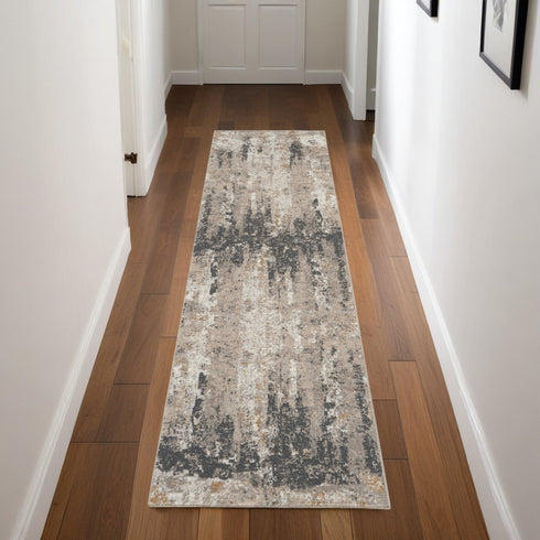 8' Cream Black and Gray Abstract Runner Rug