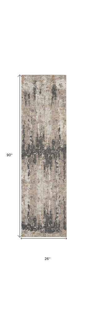 8' Cream Black and Gray Abstract Runner Rug