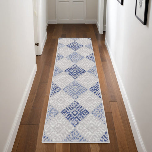 8' Beige Blue and Gray Geometric Distressed Non Skid Runner Rug
