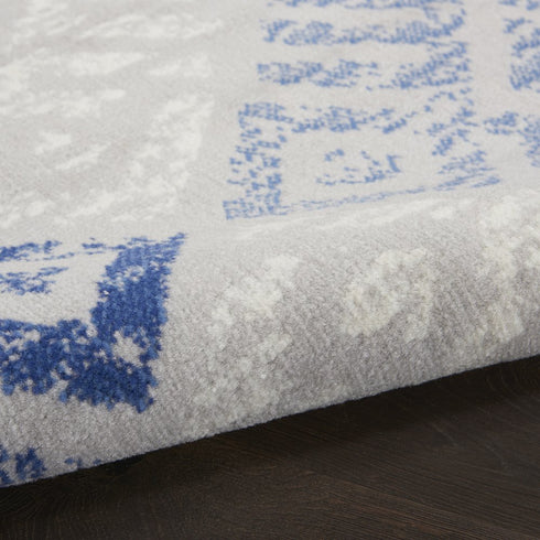 8' Beige Blue and Gray Geometric Distressed Non Skid Runner Rug
