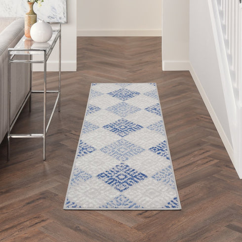 8' Beige Blue and Gray Geometric Distressed Non Skid Runner Rug