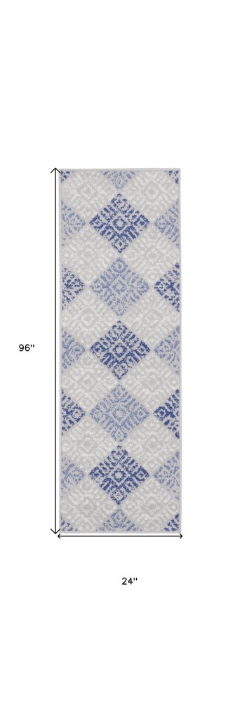 8' Beige Blue and Gray Geometric Distressed Non Skid Runner Rug