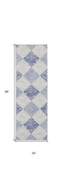 8' Beige Blue and Gray Geometric Distressed Non Skid Runner Rug
