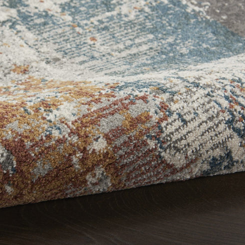 8' Ivory Blue And Gray Abstract Runner Rug