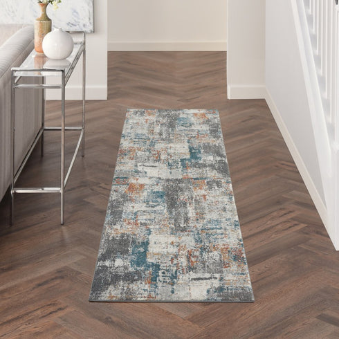 8' Ivory Blue And Gray Abstract Runner Rug