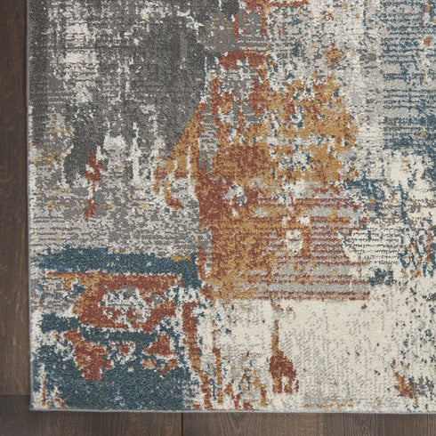 8' Ivory Blue And Gray Abstract Runner Rug