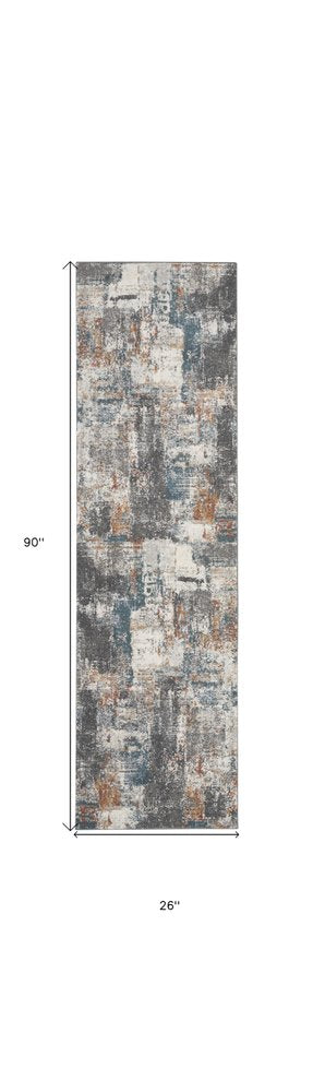 8' Ivory Blue And Gray Abstract Runner Rug
