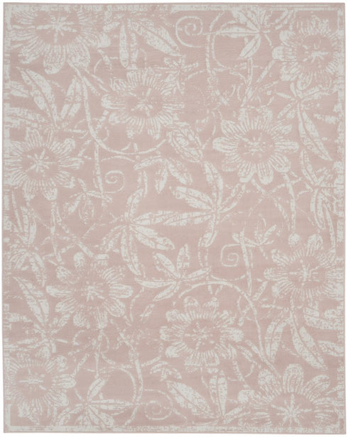 7' X 10' Pink And Ivory Tropical Floral Distressed Area Rug