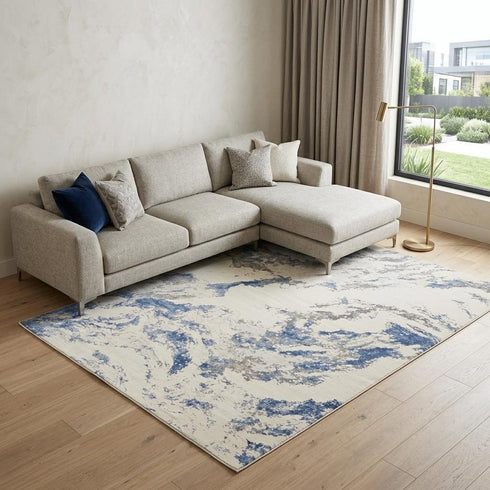 8' X 11' Ivory Blue And Gray Abstract Non Skid Area Rug