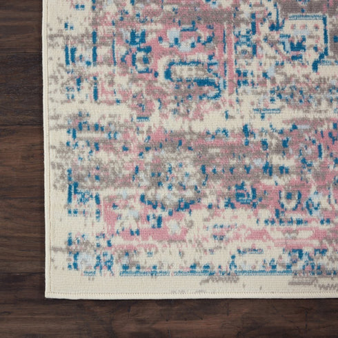 9' X 12' Ivory and Blue Floral Medallion Distressed Non Skid Area Rug