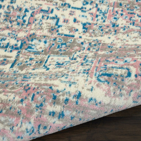 9' X 12' Ivory and Blue Floral Medallion Distressed Non Skid Area Rug