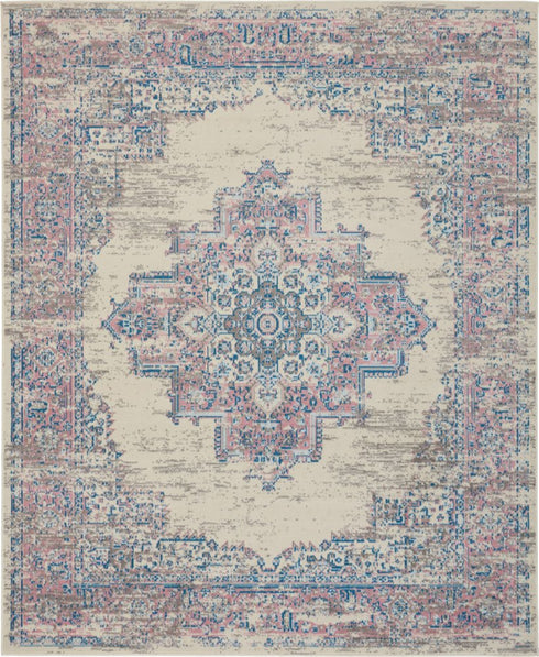 9' X 12' Ivory and Blue Floral Medallion Distressed Non Skid Area Rug