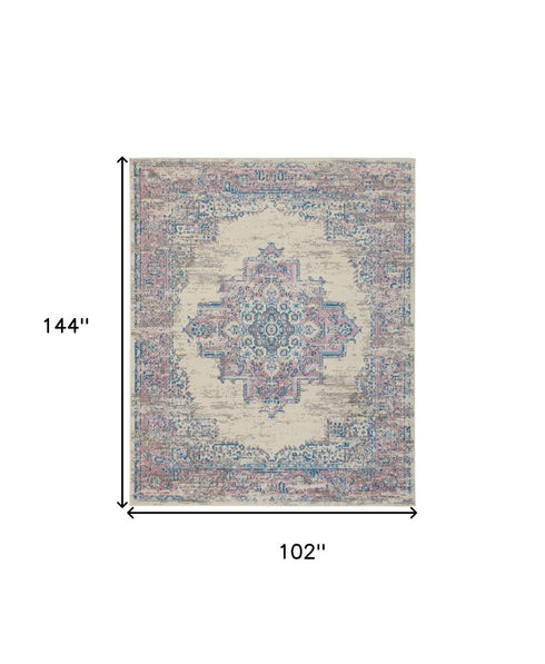 9' X 12' Ivory and Blue Floral Medallion Distressed Non Skid Area Rug