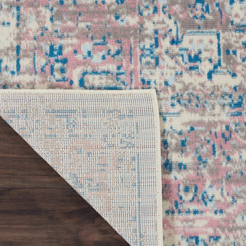 9' X 12' Ivory and Blue Floral Medallion Distressed Non Skid Area Rug