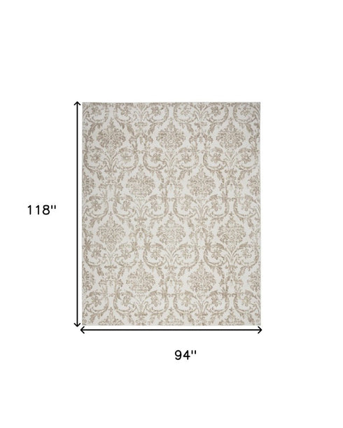 8' X 10' Beige and Ivory Damask Distressed Non Skid Area Rug