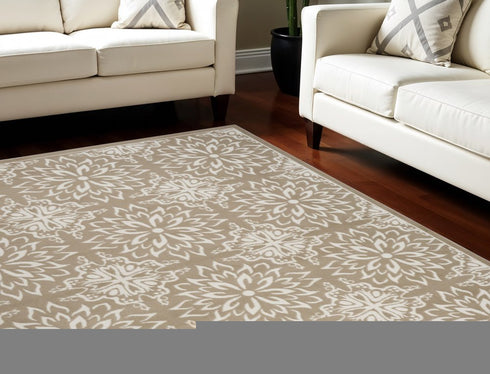 8' X 10' Taupe and Ivory Floral Non Skid Area Rug