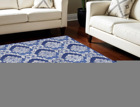8' X 10' Blue and Ivory Damask Distressed Non Skid Area Rug