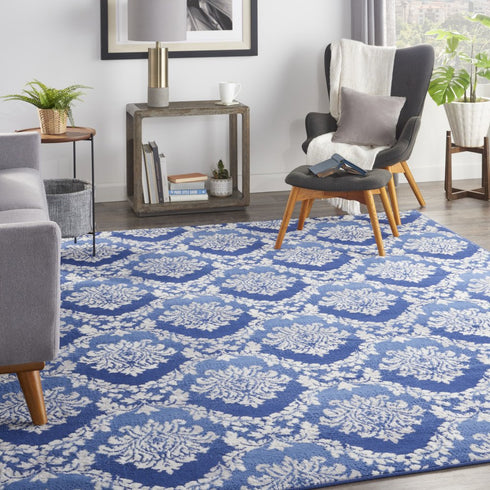 8' X 10' Blue and Ivory Damask Distressed Non Skid Area Rug
