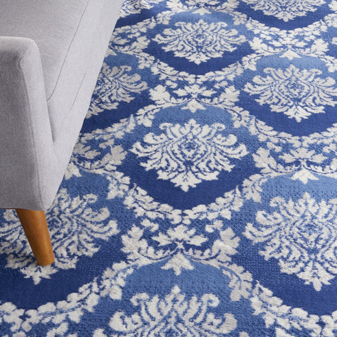 8' X 10' Blue and Ivory Damask Distressed Non Skid Area Rug