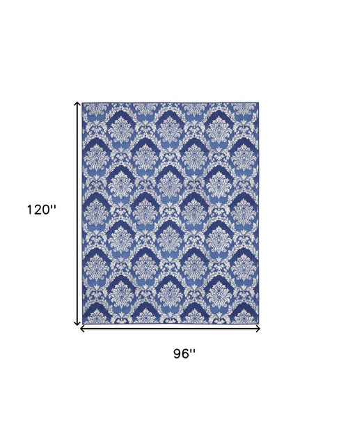 8' X 10' Blue and Ivory Damask Distressed Non Skid Area Rug