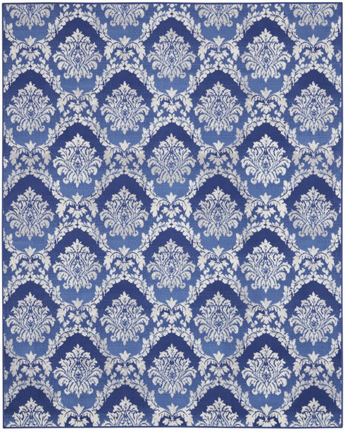 8' X 10' Blue and Ivory Damask Distressed Non Skid Area Rug
