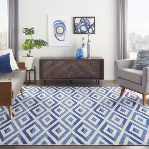 8' X 12' Ivory and Blue Geometric Distressed Non Skid Area Rug
