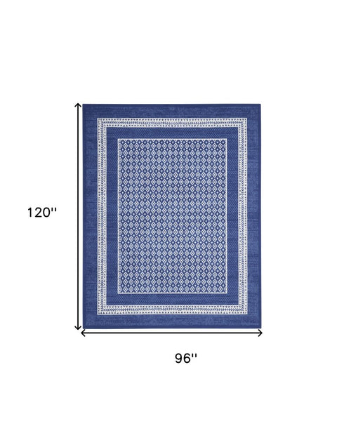 8' X 10' Blue And Ivory Geometric Distressed Area Rug
