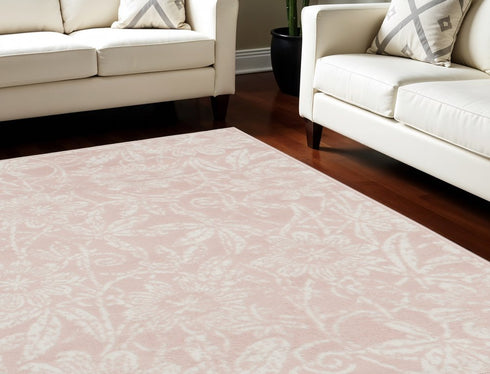 8' X 12' Pink and Ivory Floral Distressed Non Skid Area Rug