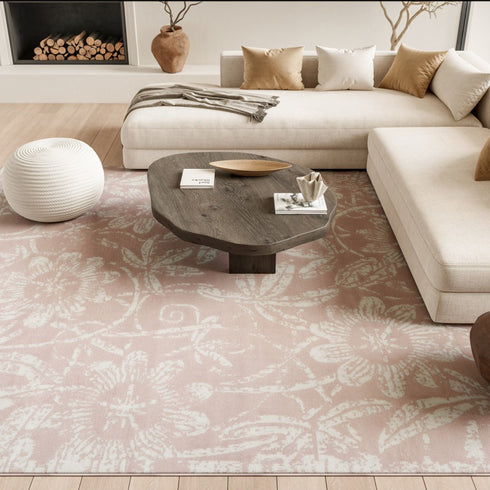 8' X 12' Pink and Ivory Floral Distressed Non Skid Area Rug