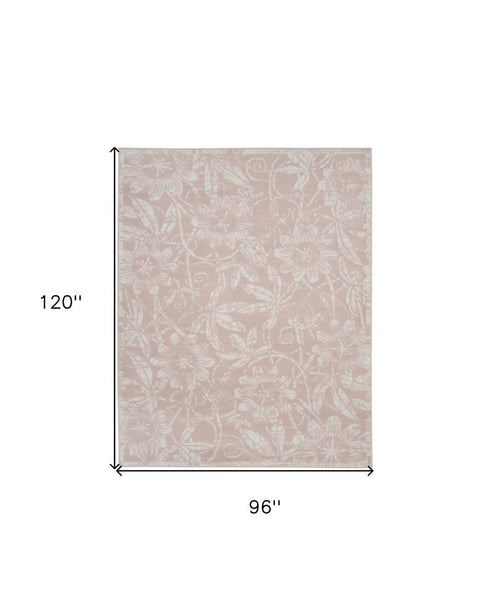 8' X 12' Pink and Ivory Floral Distressed Non Skid Area Rug