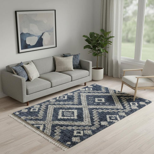5' X 8' Denim Blue And Ivory Geometric Shag Non Skid Area Rug
