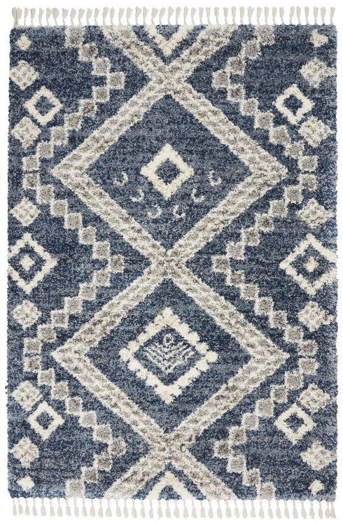 5' X 8' Denim Blue And Ivory Geometric Shag Non Skid Area Rug