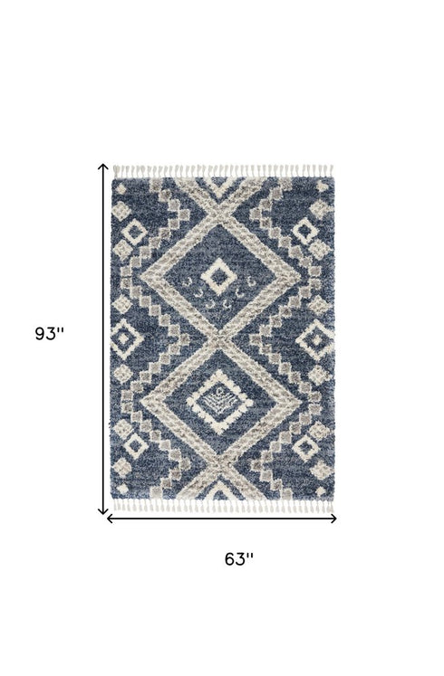 5' X 8' Denim Blue And Ivory Geometric Shag Non Skid Area Rug