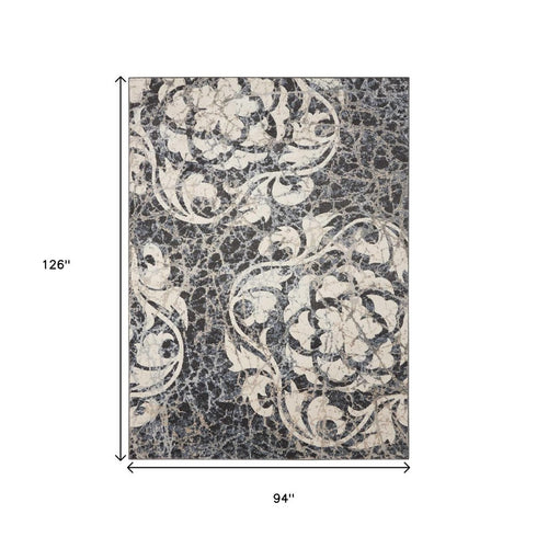 8' X 11' Ivory Charcoal and Gray Floral Distressed Non Skid Area Rug