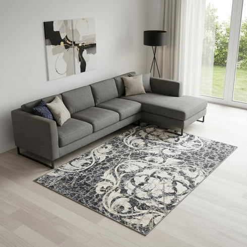 8' X 11' Ivory Charcoal and Gray Floral Distressed Non Skid Area Rug