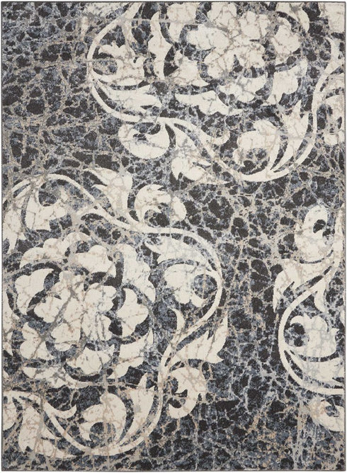 8' X 11' Ivory Charcoal and Gray Floral Distressed Non Skid Area Rug