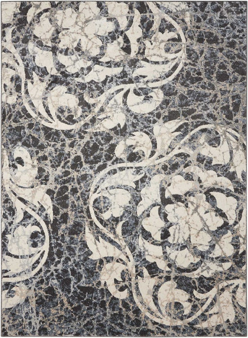 8' X 11' Ivory Charcoal and Gray Floral Distressed Non Skid Area Rug