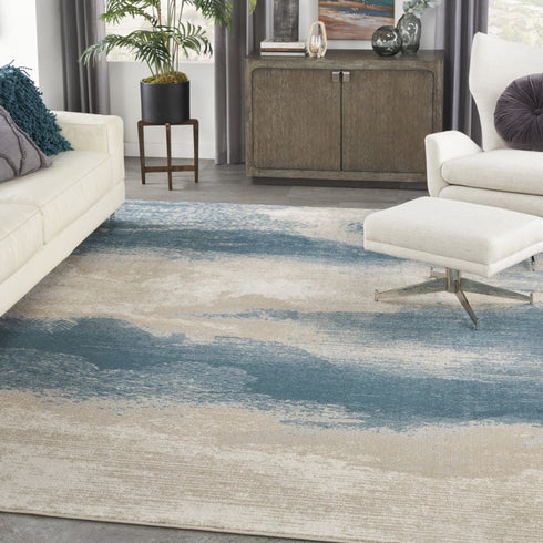 8' X 11' Ivory and Teal Blue Abstract Non Skid Area Rug