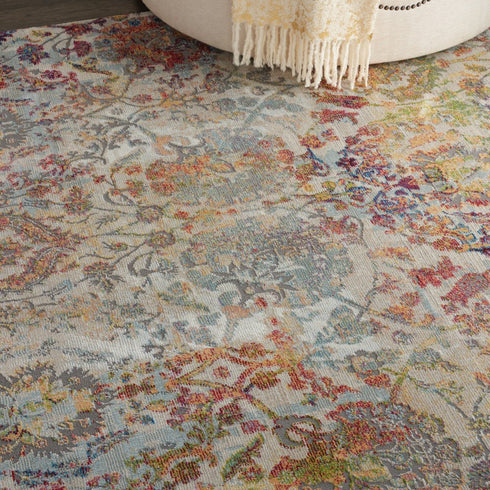 5' X 8' Ivory Gray and Orange Floral Distressed Non Skid Area Rug
