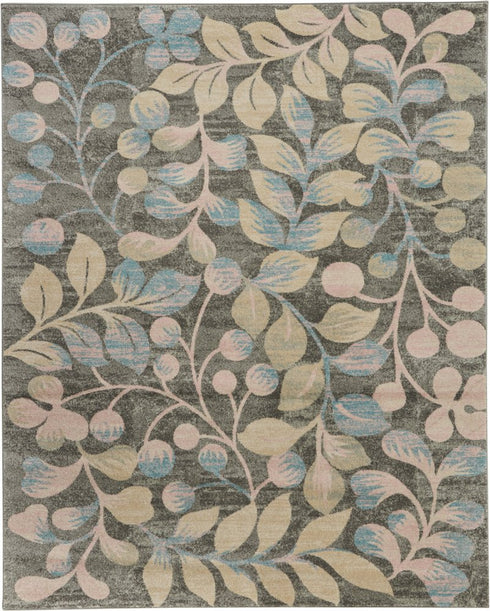 9' X 12' Beige Gray And Blue Botanical Leaves Area Rug