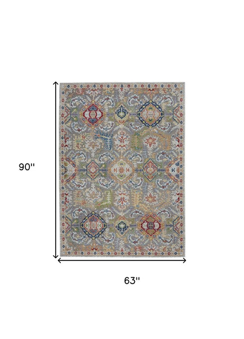 5' X 8' Blue Gray and Green Floral Distressed Non Skid Area Rug
