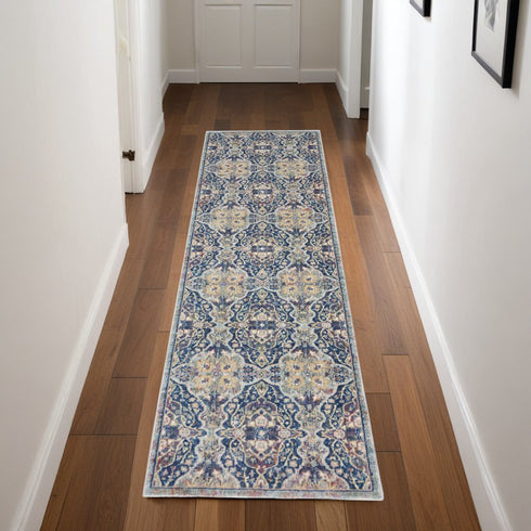 8' Ivory Navy Blue and Yellow Floral Distressed Non Skid Runner Rug