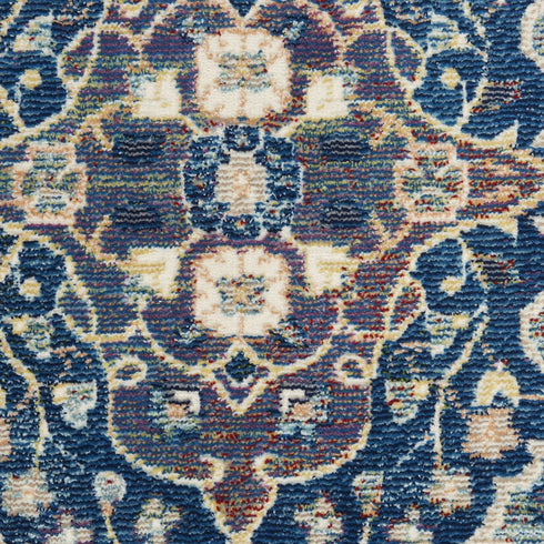 8' Ivory Navy Blue and Yellow Floral Distressed Non Skid Runner Rug