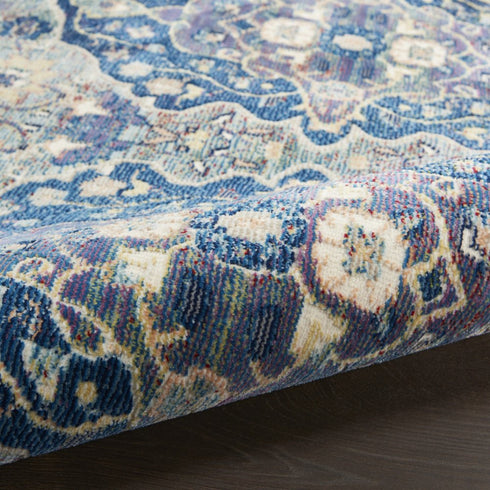 8' Ivory Navy Blue and Yellow Floral Distressed Non Skid Runner Rug