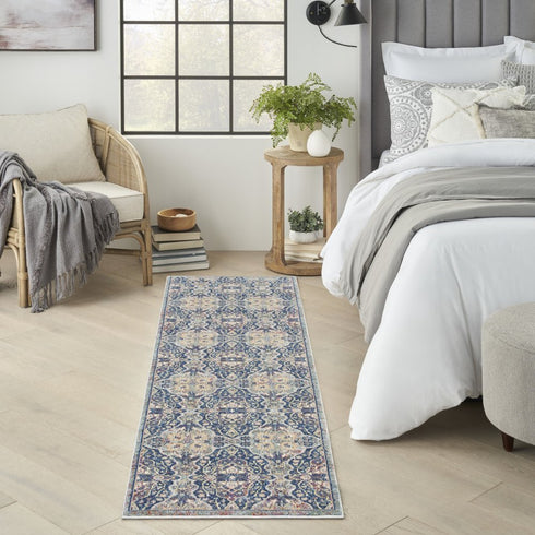 8' Ivory Navy Blue and Yellow Floral Distressed Non Skid Runner Rug