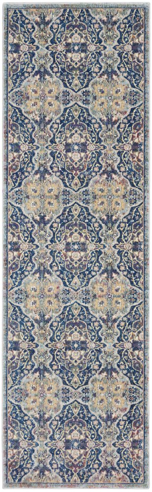 8' Ivory Navy Blue and Yellow Floral Distressed Non Skid Runner Rug