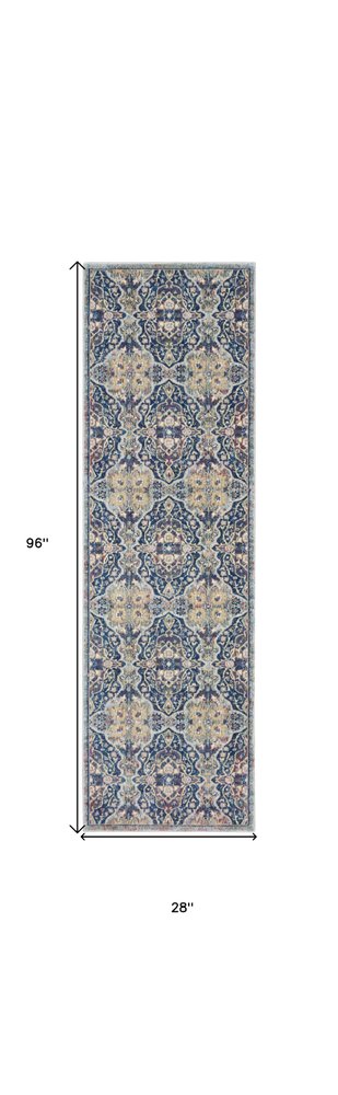 8' Ivory Navy Blue and Yellow Floral Distressed Non Skid Runner Rug